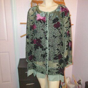 Citron Jacquard Velvet Layered Tunic Top Size 2X Button Silk Blend Dark Floral